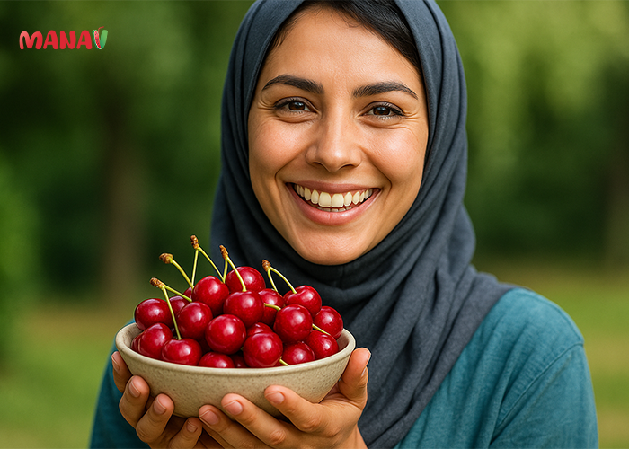 زن ایرانی خندان، کاسه گیلاس در دست