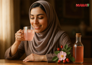 زن ایرانی محجبه در حال نوشیدن عرق نسترن